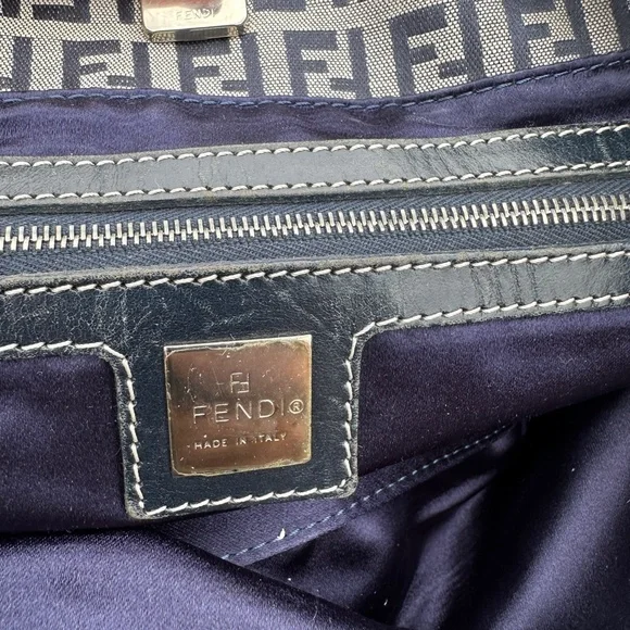 FENDI Vintage Zucchino  Navy Leather & Grey Canvas Tote Bag - Picture 9 of 17